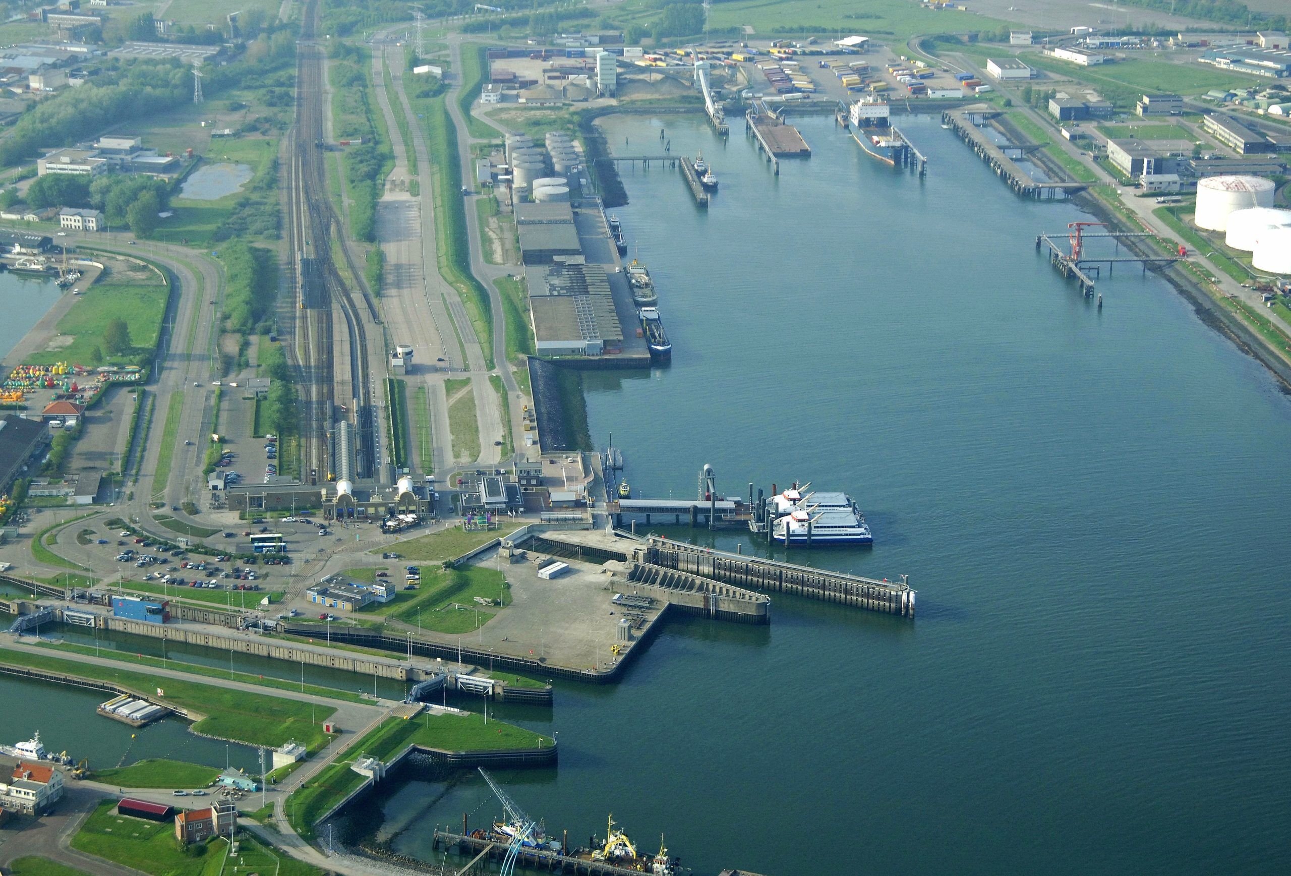 An aerial view of Vlissingen Harbour and the entrance to the inland waterways.